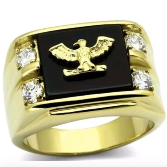 Men's Gold tone Cubic Zirconia Eagle Ring Ring Size 11 Patriotic Black - Picture 1 of 7